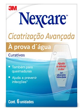 Curativo Nexcare Cicatrização Avançada à prova d’água, embalagem com 6 unidades, indicado também para queimaduras e para ajudar a prevenir infecções
