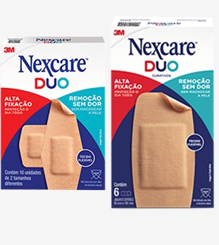 Caixa de curativos adesivos Nexcare Duo com dois curativos visíveis. O texto destaca alta adesão, remoção indolor e tecido flexível.
