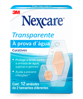Caixa de Curativos Transparentes Nexcare com logotipo, nome do produto e ilustração de curativos na água. O texto destaca resistência à água e aos germes, com 12 curativos em dois tamanhos.