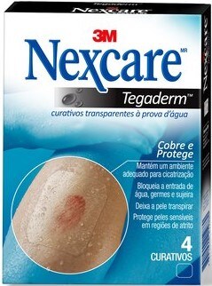  Embalagem de curativos transparentes e à prova d’água Nexcare Tegaderm, com ilustração de um curativo aplicado sobre a pele.
