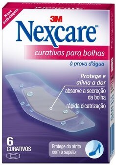 Embalagem de curativos Nexcare para bolhas à prova d’água, com ilustração de curativo em gel que protege, absorve a secreção da bolha e alivia a dor.
