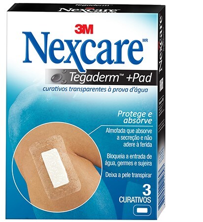 Embalagem de curativos transparentes e à prova d’água Nexcare Tegaderm +Pad, com imagem de um curativo com almofada central aplicado sobre a pele.
