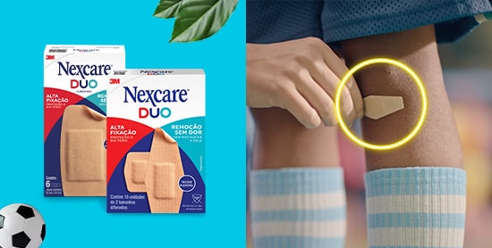 Curativos DUO de alta fixação e remoção sem dor Nexcare com imagem da perna de um menino usando  o curativo Nexcare.
