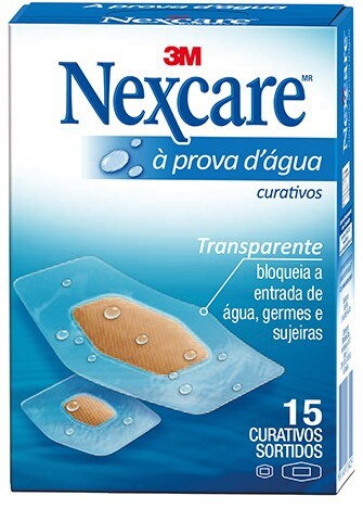  Embalagem de curativos Nexcare à prova d’água com 15 unidades sortidas, mostrando curativos transparentes que bloqueiam a entrada de água, germes e sujeiras.
