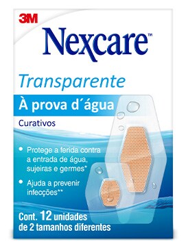  Embalagem de curativos Nexcare à prova d’água com 15 unidades sortidas, mostrando curativos transparentes que bloqueiam a entrada de água, germes e sujeiras.
